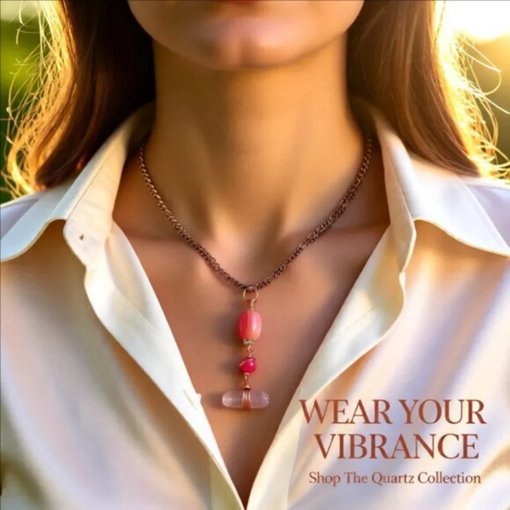 Hand Crafted | Pink Agate & Quartz Pendant + Copper Figaro Chain | Spring Colors
